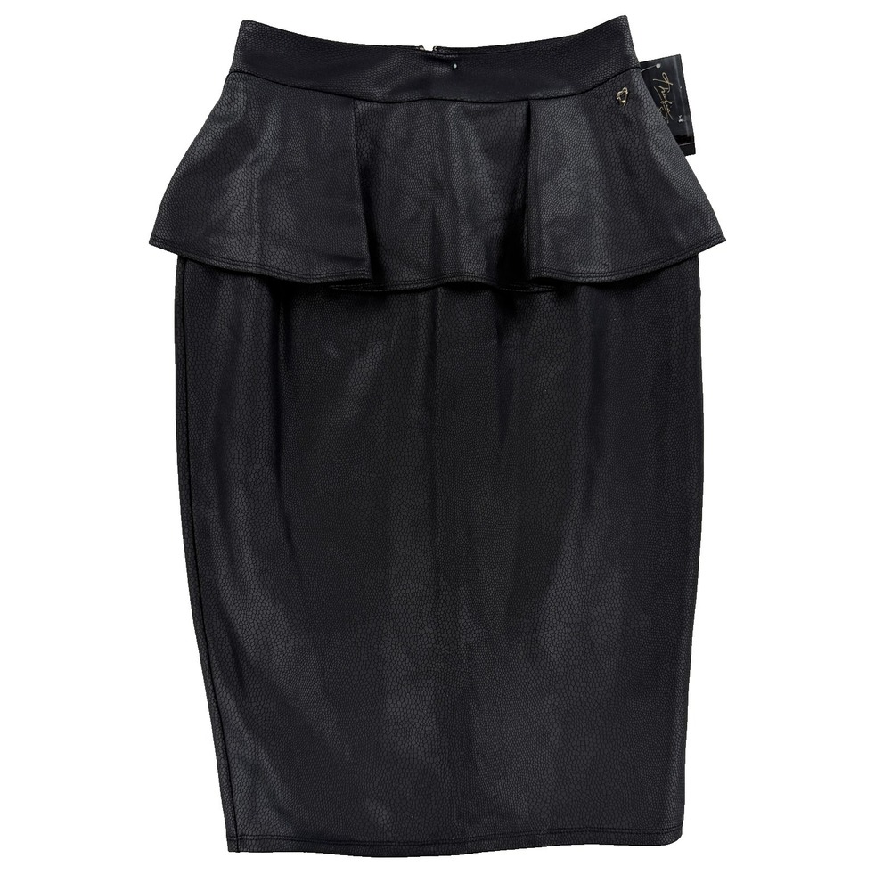 Thalia Sodi Skirt Womens XS Black Faux Leather Peplum Pencil Animal Print Ruffle